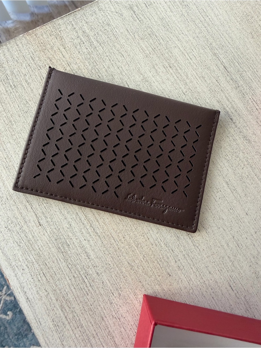Salvatore Ferragamo Dark Brown Perforated Leather Card Case